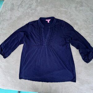 Lilly Pullitzer Navy Blue V-Neck Top 3/4 Sleeve Faded Tunic 100% Cotton Size M